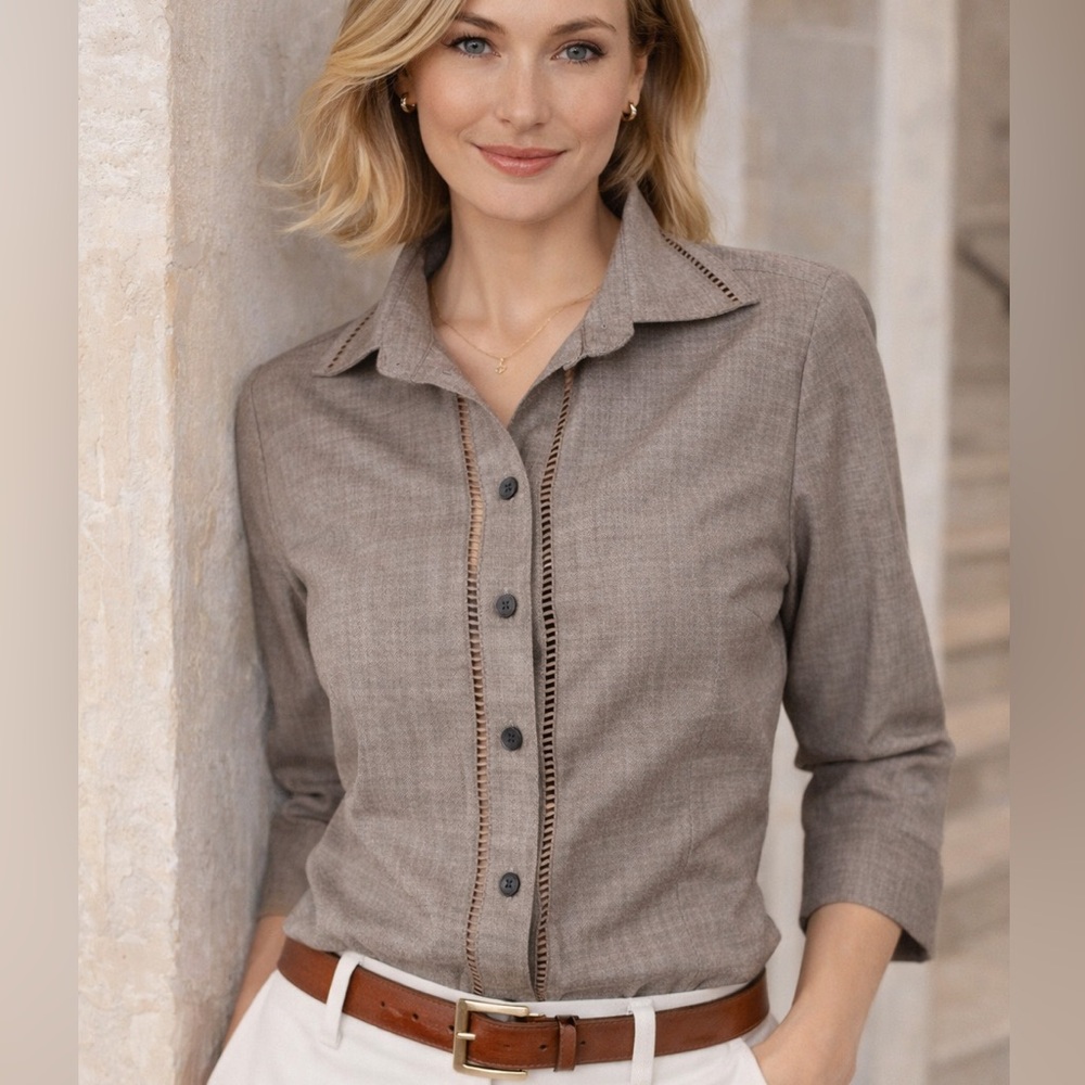 Worth Wool Blend Button Shirt Top Taupe 3/4 Sleeve Womens 14